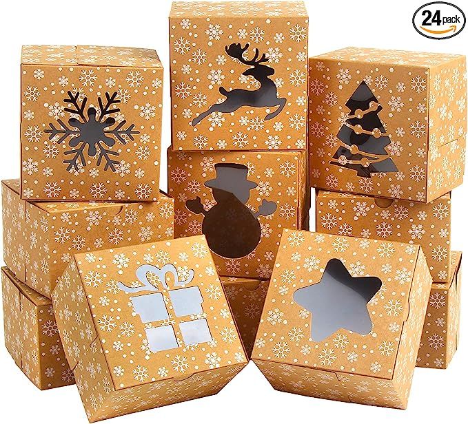 STEFORD Christmas Bakery Cookie Boxes,24PCS Kraft Paper Christmas Treat Boxes with Clear Window S... | Amazon (US)