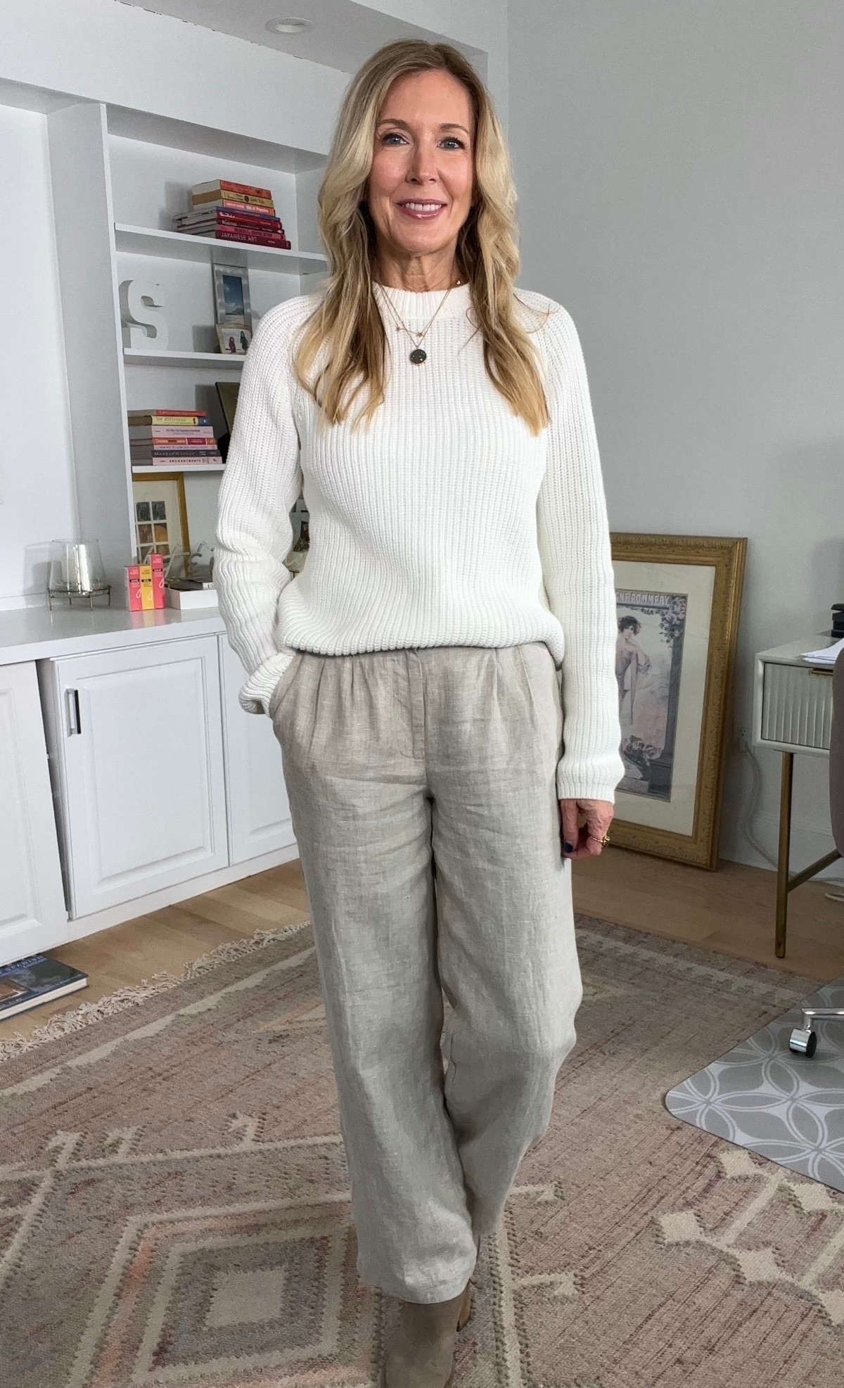 Spring Outfit Ideas - Cotton Sweater with Linen Pants

Wearing S in sweater, 2 in pants.
These linen pants are really well-made. They’re fully lined and very comfortable. The back waistband is elasticized which I’m not 100% a fan of but they do look nice from the front or with a jacket over.
￼

#LTKootd #LTKSeasonal #LTKOver40