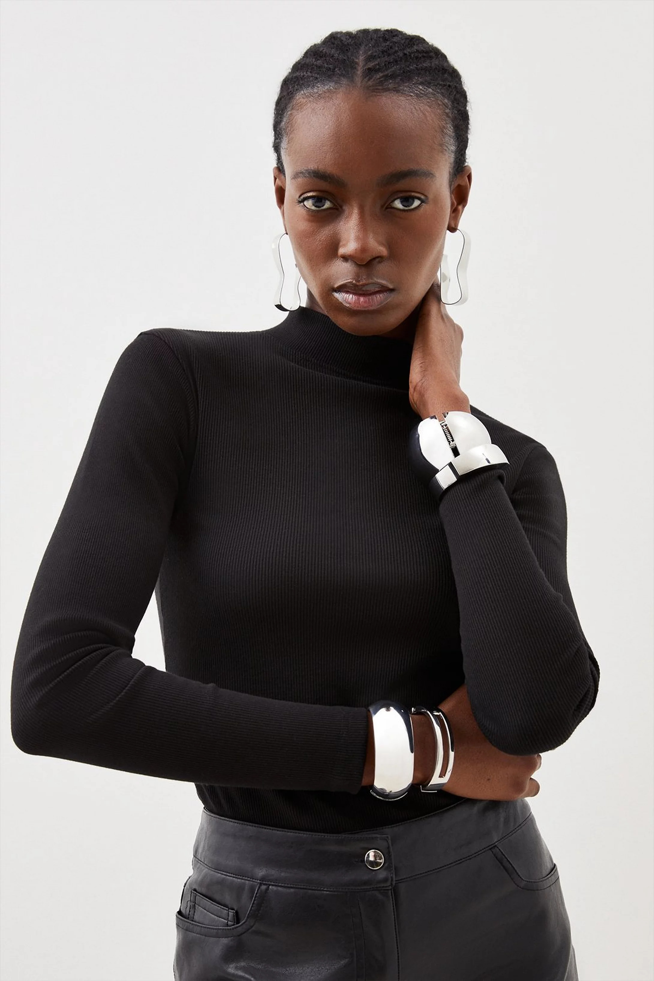 Compact Jersey Ribbed Turtle Neck Top | Karen Millen | Karen Millen UK + IE + DE + NL