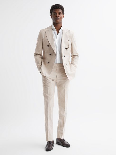 Slim Fit Cotton-Linen Check Adjustable Trousers | Reiss UK