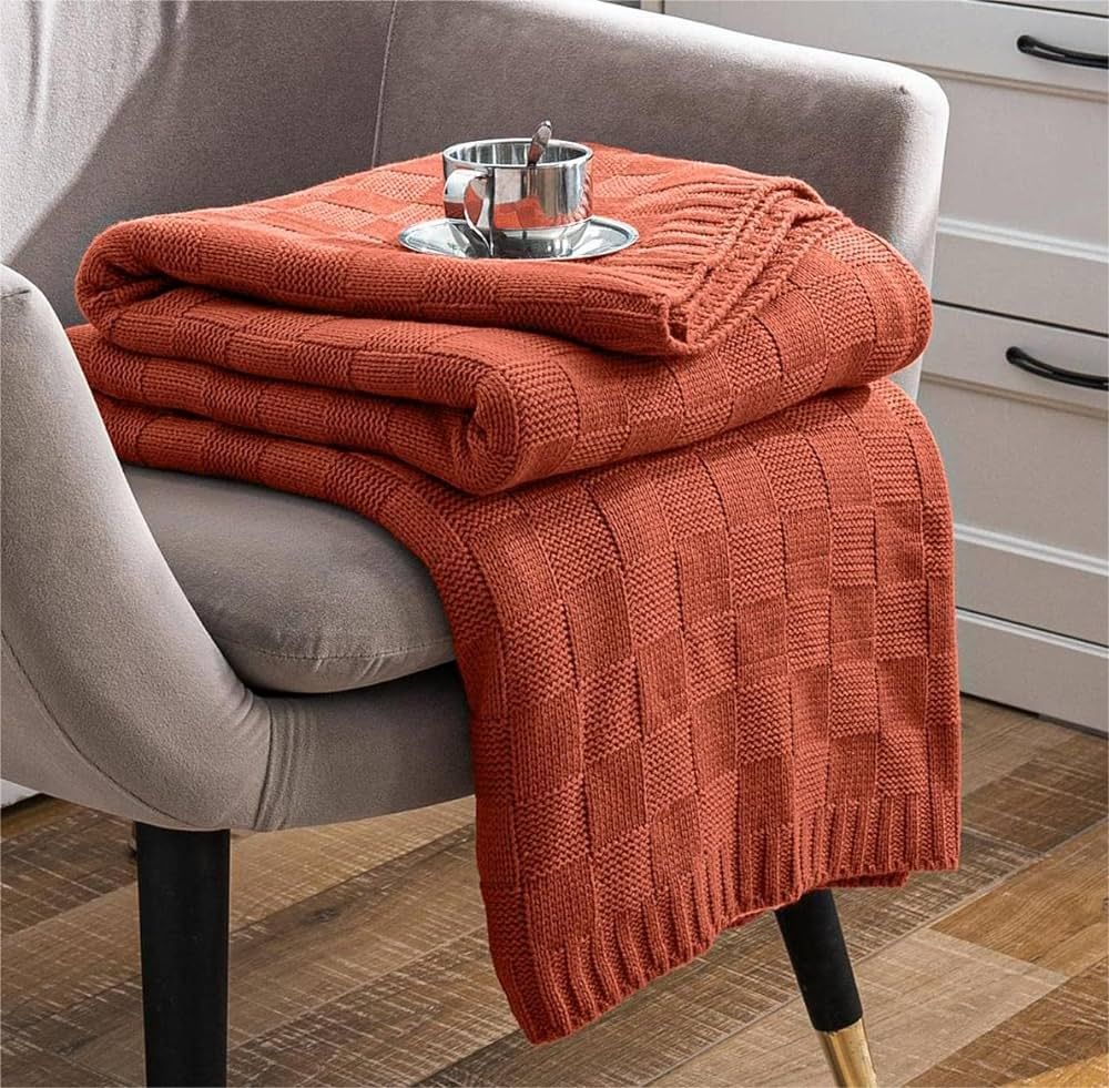 Amazon.com: MILVOWOC Rust Knitted Throw Blanket Soft Checkered Throw Blanket Cozy Cable Knit Thro... | Amazon (US)