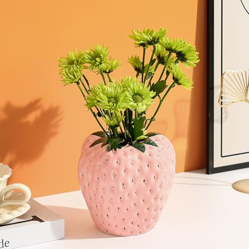 AOMOONOA Strawberry Vase for Flowers, Dusty Pink Ceramic Fruit Vase, Strawberry Shaped Planter Pot with Green Leaves and Black Seeds for Table Centerpiece, Home Spring Kitchen Decor | Amazon (US)
