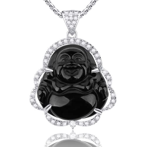 ASGIFT Lucky Black Buddha Necklace Obsidian Luxury Cubic Zirconia Buddhist Pendant with Stainless Steel Chain Silver Buddah Necklaces Gemstone Jewelry Gift | Amazon (US)