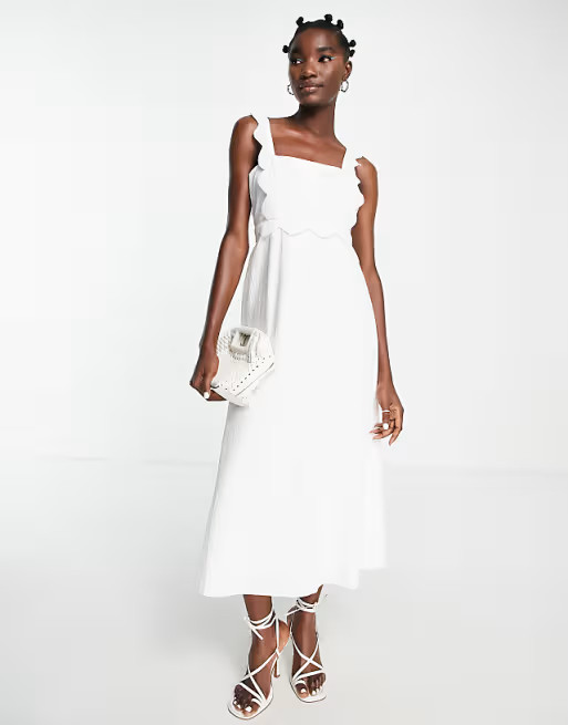 Topshop scallop trim textured midi dress in white | ASOS (Global)