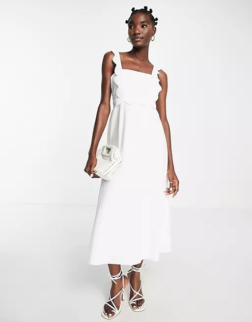 Topshop scallop trim textured midi dress in white | ASOS (Global)