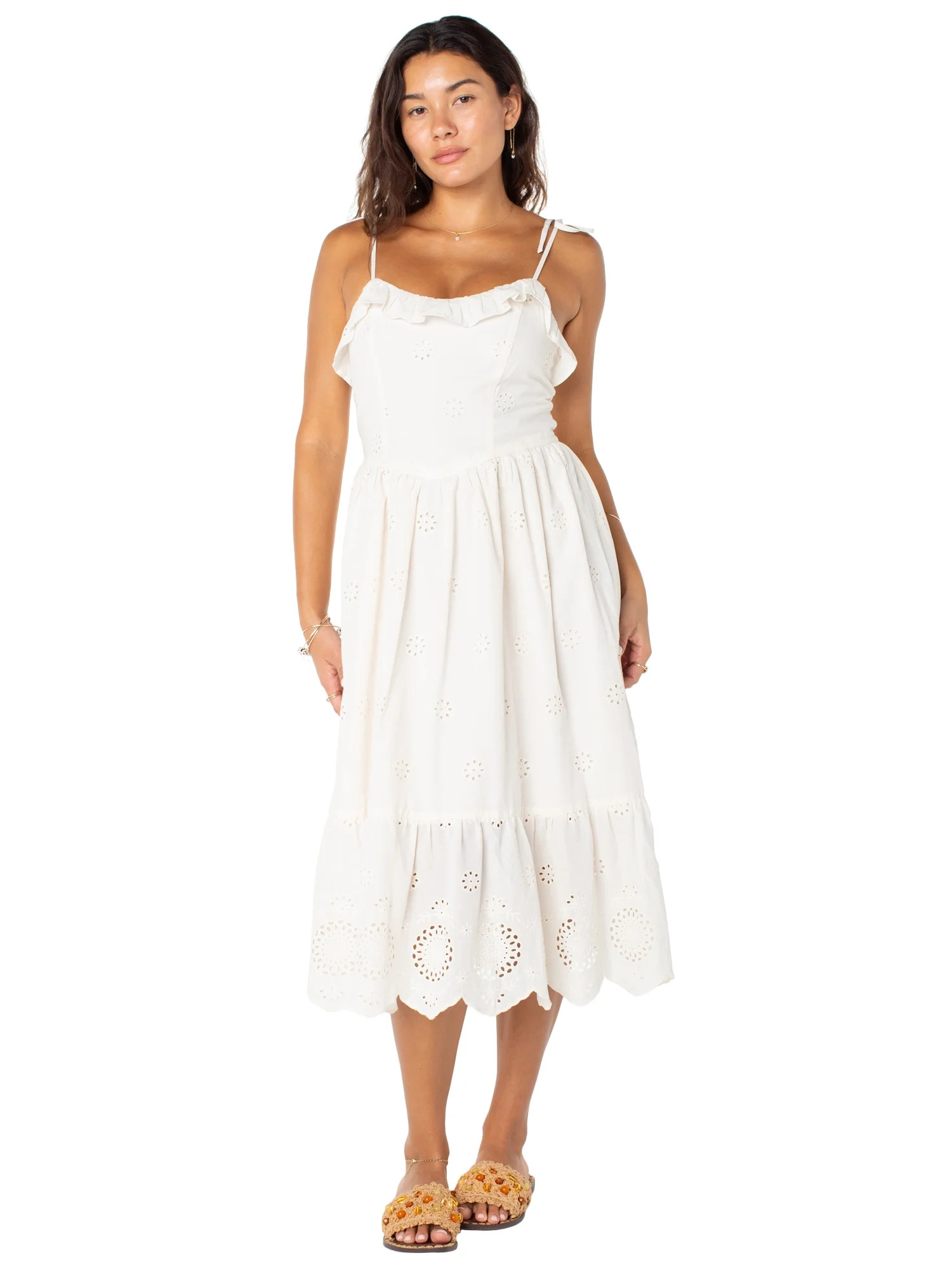Celebrity Pink Women's Tie Strap Eyelet Midi Dress, Sizes XS-XXXL | Walmart (US)