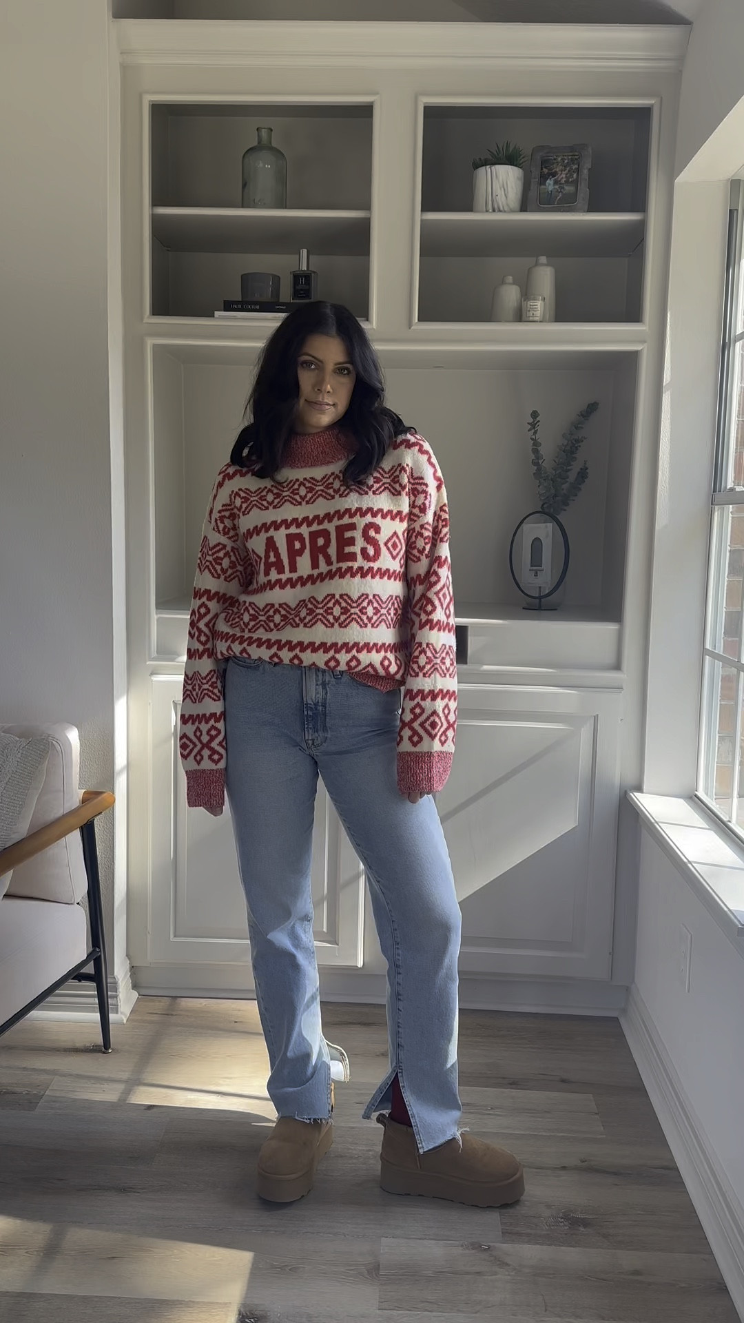 Apres sweater on sale for $15! Sized up to a large! 
Jeans are TTS
Boots are similar to UGGS wearing an 8- TTS


#LTKstyletip #LTKHoliday #LTKVideo