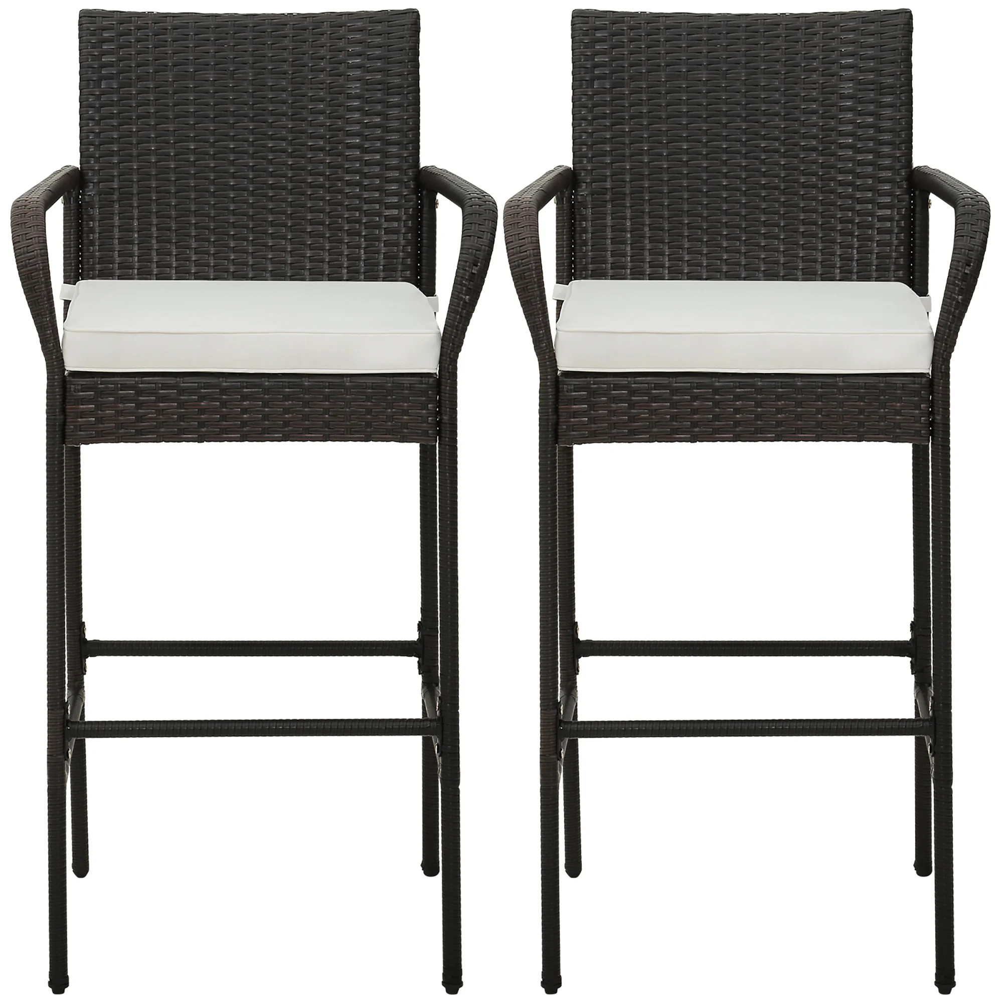 Gymax Set of 2 Wicker Bar Stools Set Outdoor High Back Bar Counter Chairs w/ Cushions | Walmart (US)