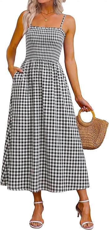 Womens Spaghetti Strap Maxi Dresses Smocked with Pockets 2026 Summer Spring Casual Boho Beach Lon... | Amazon (US)