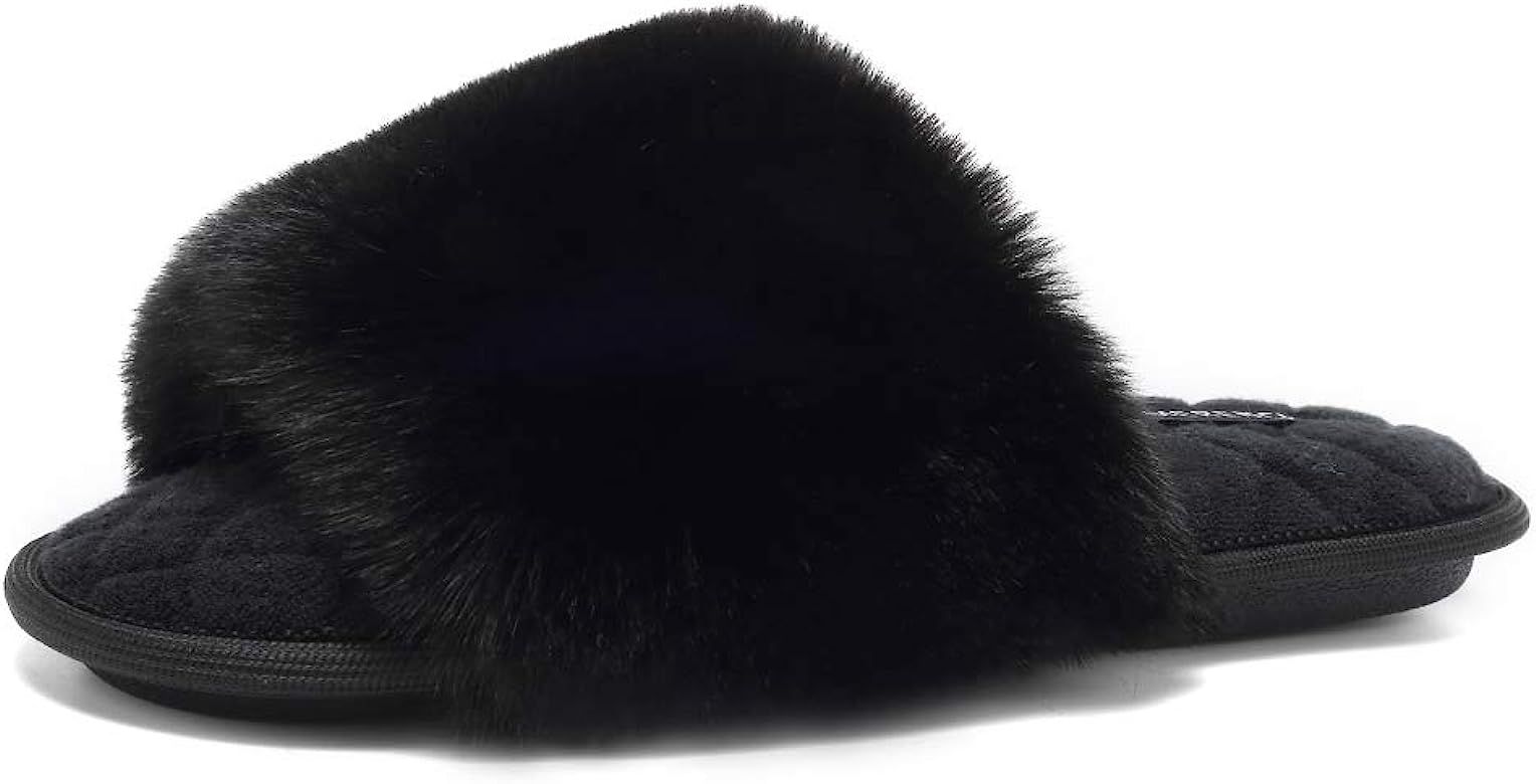 Women's Furry Faux Fur Slippers Cozy Memory Foam House Slippers Soft Comfy Flat Slide Sandals Ind... | Amazon (US)