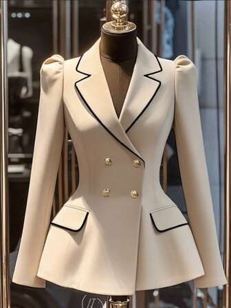 Franclia Commuter Fashionable Versatile Cinched Waist Double-Breasted Metal Button Contrast Black Trim Khaki Women's Blazer Jacket, Elegant Outerwear For Spring/Autumn, Business Casual Apparel, Beautiful Women's Suit Jacket | SHEIN USA | SHEIN