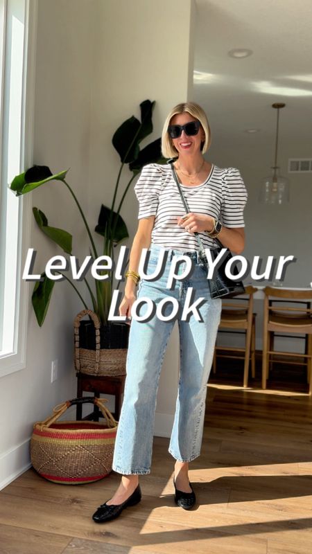 Look chic in the warmer temps with straight leg jeans, stripe tee w/ puff shoulders, ballet flats + accessories 

#LTKstyletip #LTKfindsunder100 #LTKover40