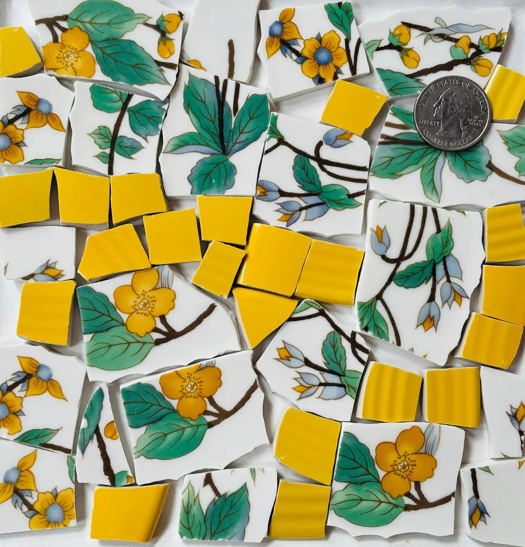 Mosaic Art and Craft Supply Broken China - Yellow Flowers Green Leaves Tiles F381 - Etsy | Etsy (Global)