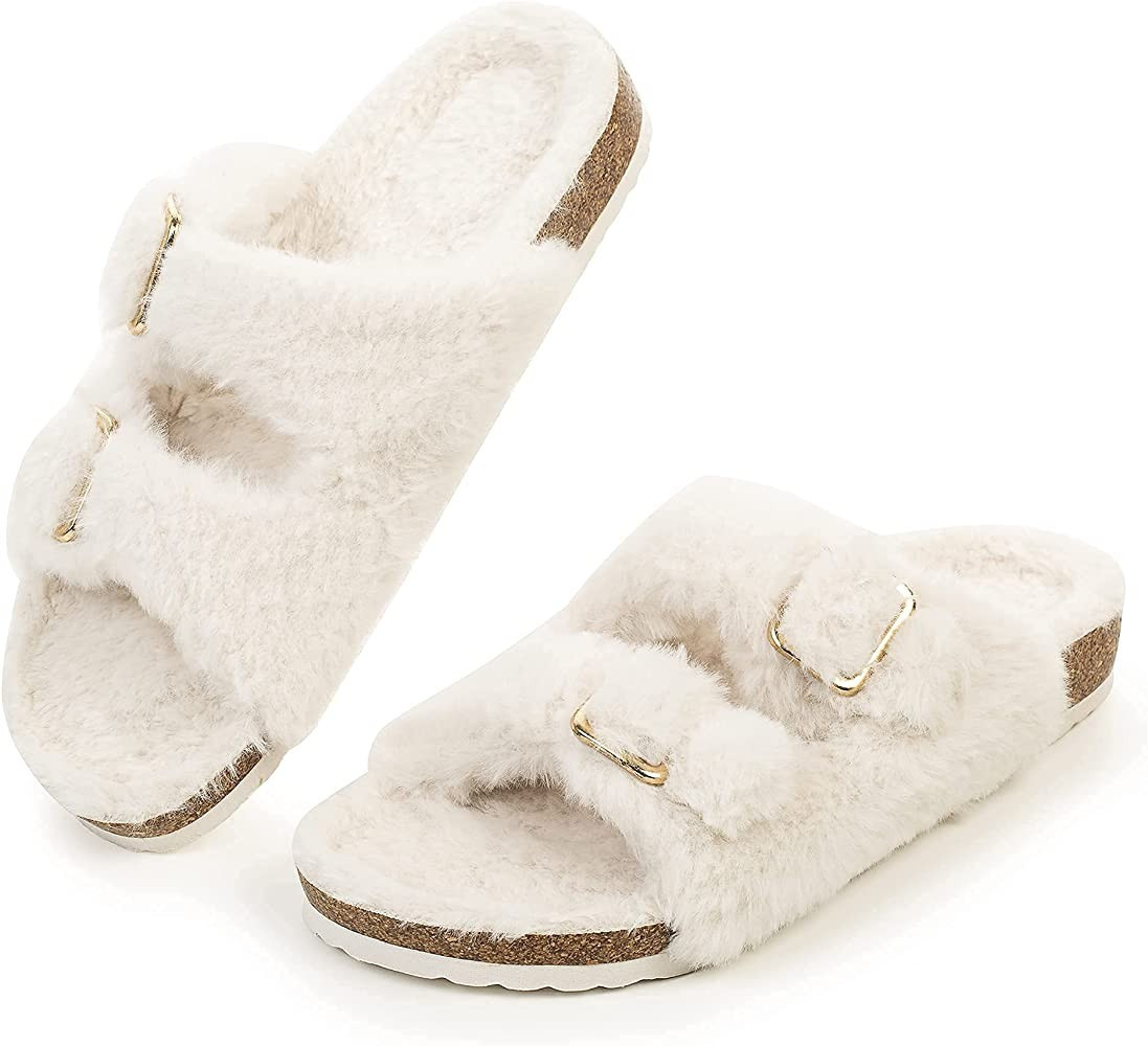 Amazon.com | FITORY Womens Open Toe Slipper with Cozy Lining,Faux Rabbit Fur Cork Slide Sandals B... | Amazon (US)