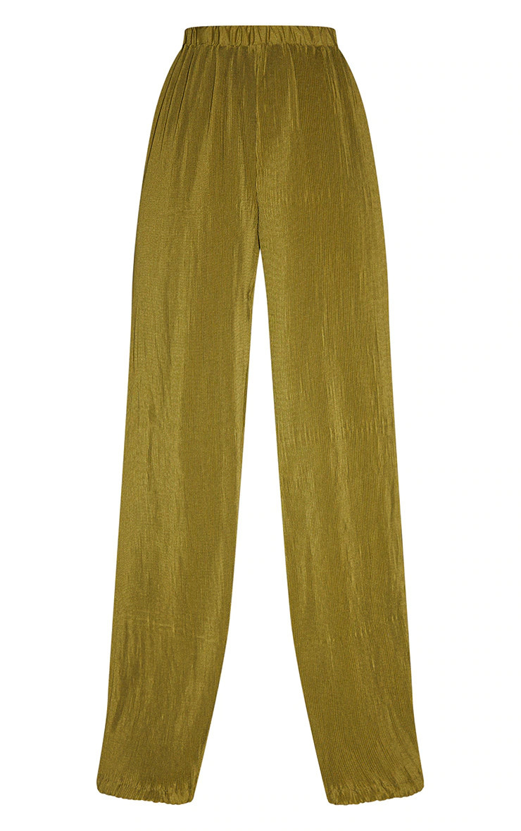Tall Olive Plisse High Waisted Wide Leg Trousers | PrettyLittleThing UK