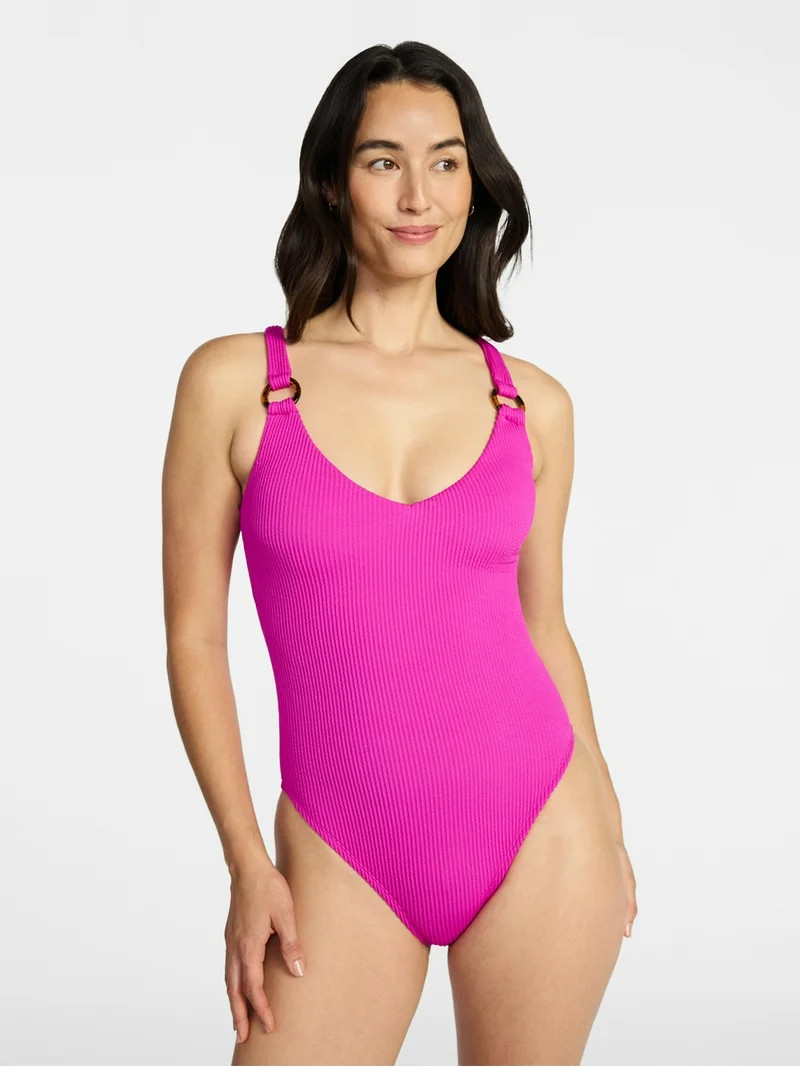 Time and Tru Women's and Women's Plus Crinkle Plunge One Piece Swimsuit | Walmart (US)