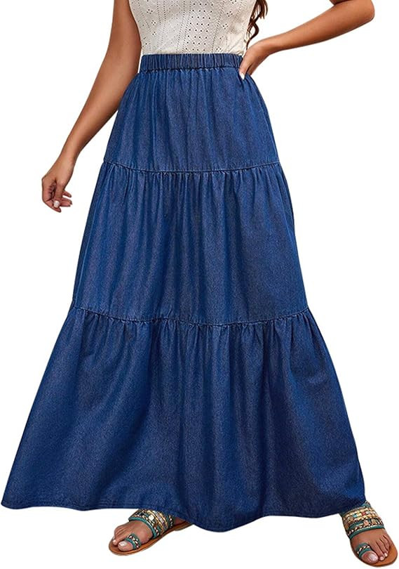 Womens Plus Size Denim Skirt High Waisted Tiered Ruffle Long Jean Skirts Western Flowy Boho A Lin... | Amazon (US)