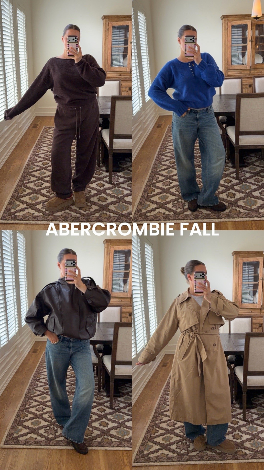 Abercrombie fall new arrivals! Loving the lower rise of my favorite 90’s style jeans I wear size 30 for a slouchy loose fit, brown sweater Large, blue sweater runs oversized I did a Medium. Both are soft and a wool blend. Large in the trench for a nice oversized fit but love that you can cinch it - so flattering!