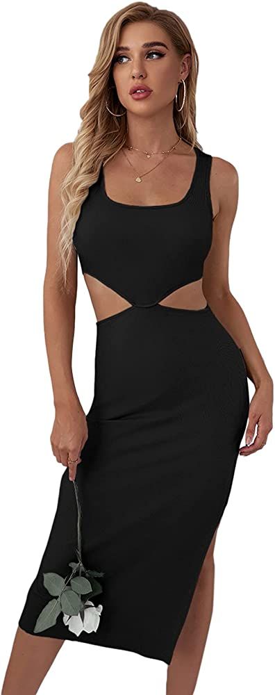 Verdusa Women's Cut Out Waist Split Side Square Neck Midi Bodycon Tank Dress | Amazon (US)