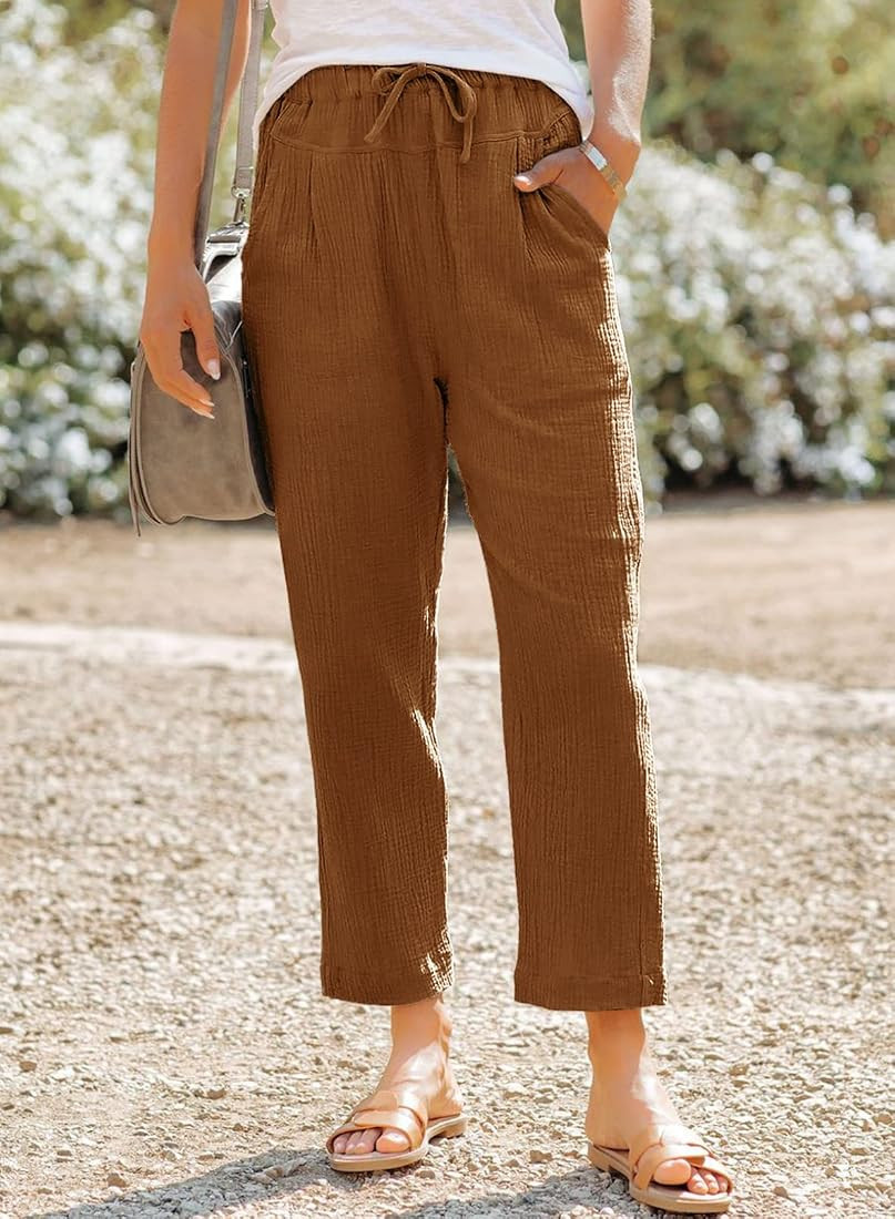 Dokotoo Linen Pants for Women Casual Loose Straight Elastic Waist Pants with Pockets | Amazon (US)