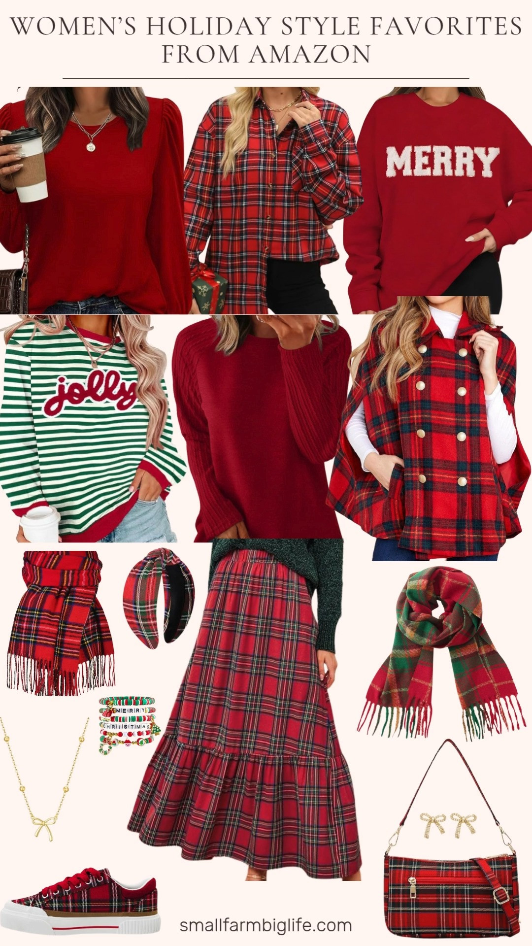 Holiday Style Favorites ❤️🎄✨
Bring on all the festive charm with a red plaid skirt, red plaid scarf, red plaid headband, and the cutest merry and jolly sweatshirts. Pair your look with red sweaters, red plaid sneakers, gold bow jewelry, a red plaid shoulder bag, cozy red plaid poncho, and a classic red plaid button front shirt.

Cheerful, cozy, and perfectly holiday ready. 🎁✨ 

 #LTKHoliday #LTKOver40 #LTKFindsUnder50