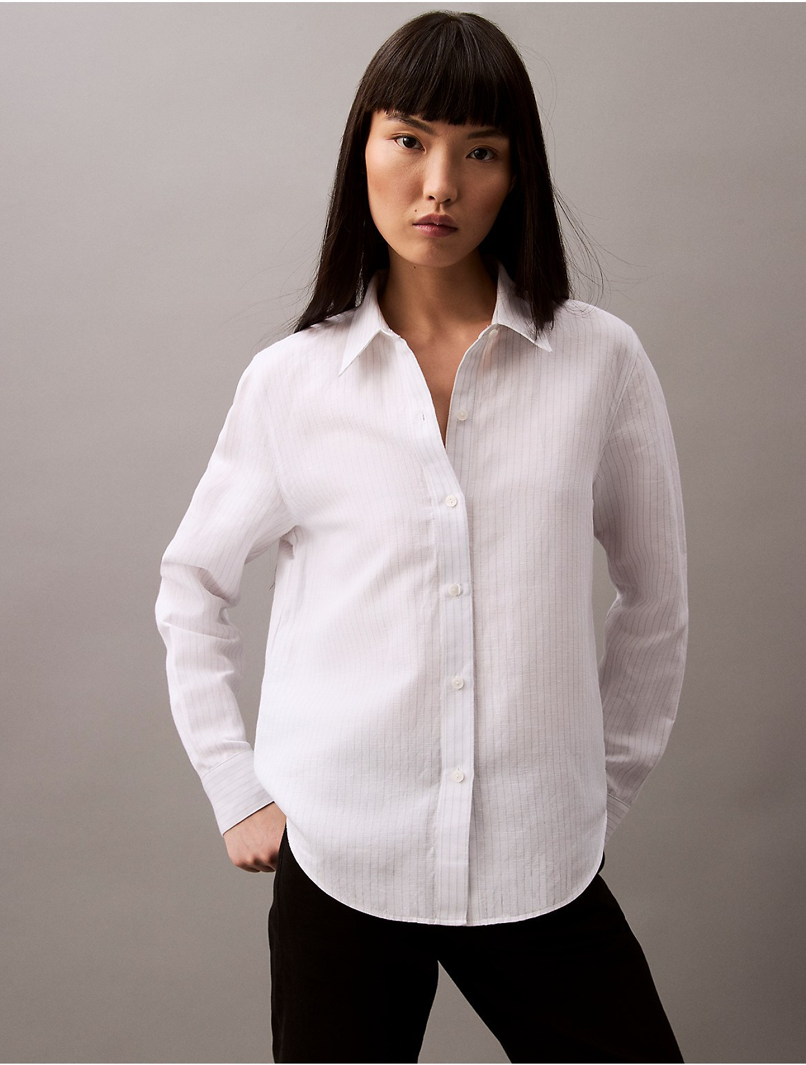 Calvin Klein Women's Linen Blend Stripe Classic Button-Down Shirt - White - S | Calvin Klein (US)