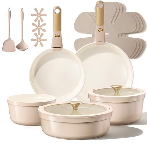 CAROTE 18 Pcs Ceramic Cookware Set Titanium Nonstick with Detachable Handles, Non Toxic Cookware, Pots and Pans Set Non Stick Removable Handles, Induction Available, Kitchen Cooking, Dishwasher Safe | Amazon (US)