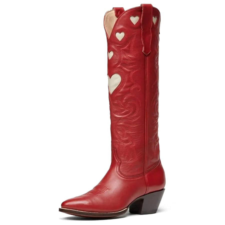 Cowboy Boots for Women Wide Calf Round Toe Chunky Stacked Heel Knee High Cowgirl Boot Heart Patte... | Amazon (US)