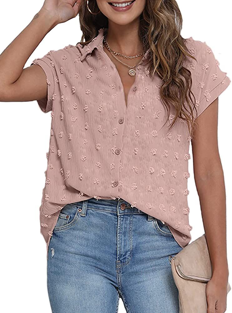 BOTHENIAL Women White Button Down Shirt Dressy Casual Work Tops Chiffon Blouse Summer Short Sleeve S | Amazon (US)