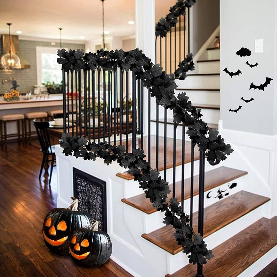 Black Maple Leaf Garland, 2PCS Halloween Artificial Hanging Fall Leave Vines, Fall Floral Garland... | Amazon (US)