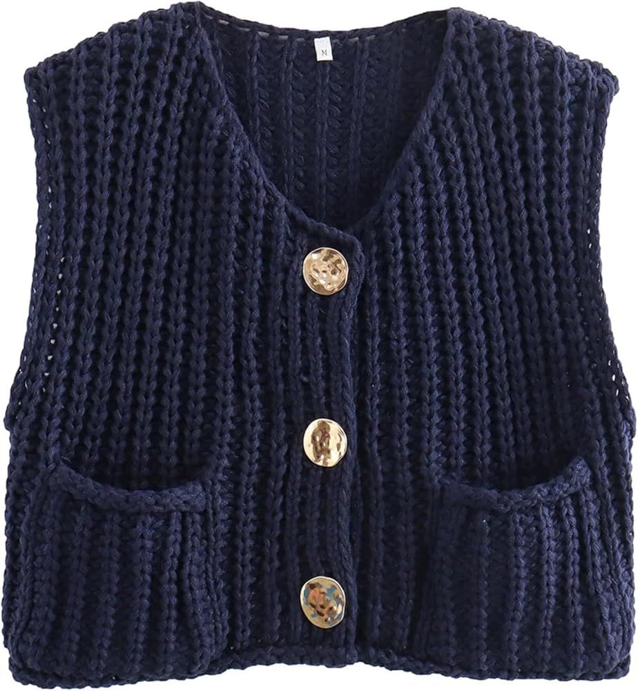 Bozanly Womens Chunky Knit Sweater Vest Cute Button Down Sleeveless Crop Crochet Cardigan Vest 20... | Amazon (US)