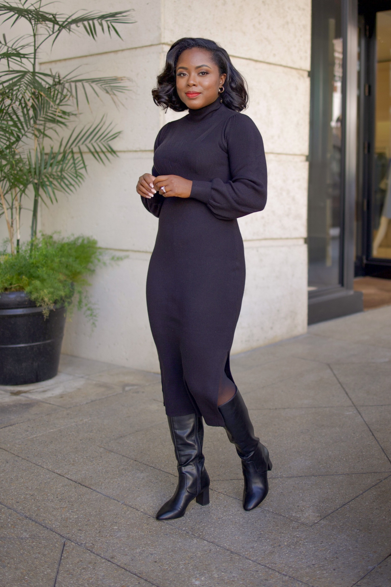 knee length dresses for ladies Colette Panelled Puff Sleeve Midi Dress - Black main image 0