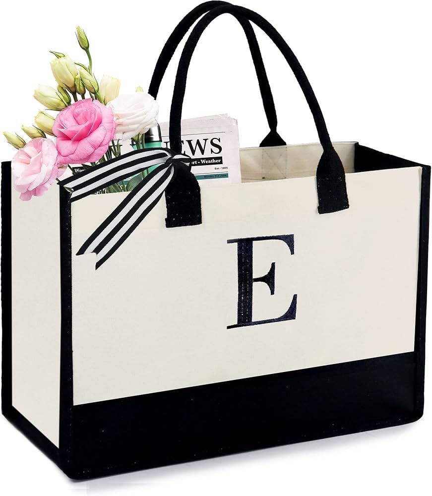 BeeGreen Monogrammed Tote Bag For Women Pesents Black Tote Bag w Pocket 13oz Personalized Bag Emb... | Amazon (US)