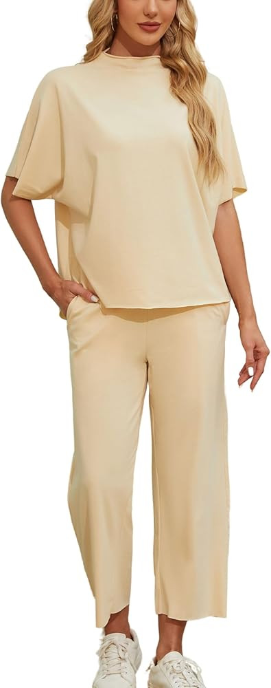 Esmeling Women’s Two Piece Outfits Half Batwing Sleeve Shirt and Wide Leg Short Lounge Set Trac... | Amazon (US)