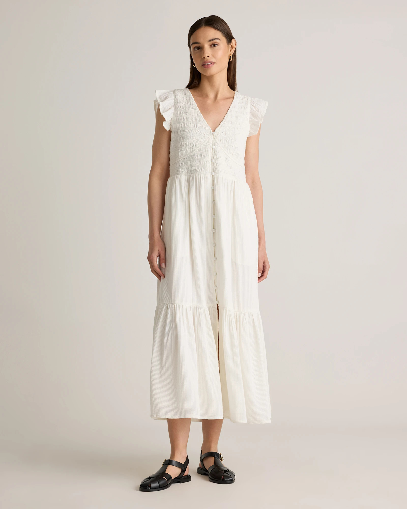 Quince | Women's Organic Textured Cotton Smocked V-Neck Midi Dress in White, Size XL, Organic Cotton | Quince