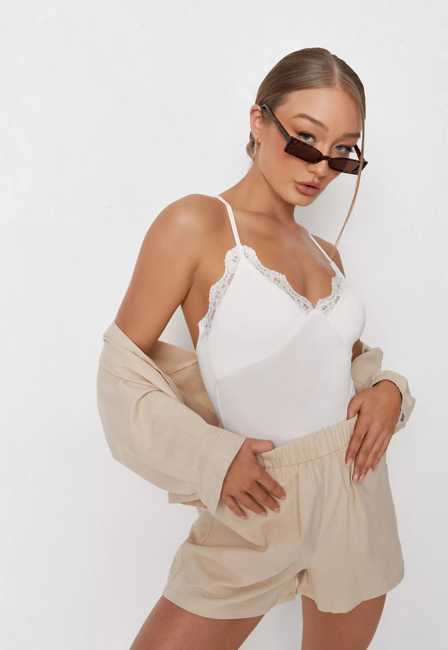 Cream Slinky Lace Trim Cami Bodysuit | Missguided (US & CA)