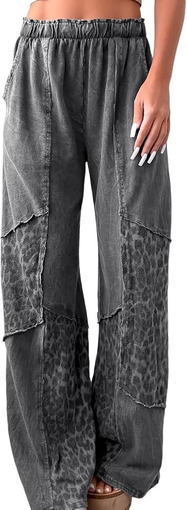 SELINK Women Casual Mineral Wash Leopard Pants Fashion Patchwork Elastic Waist Straight Wide Leg ... | Amazon (US)