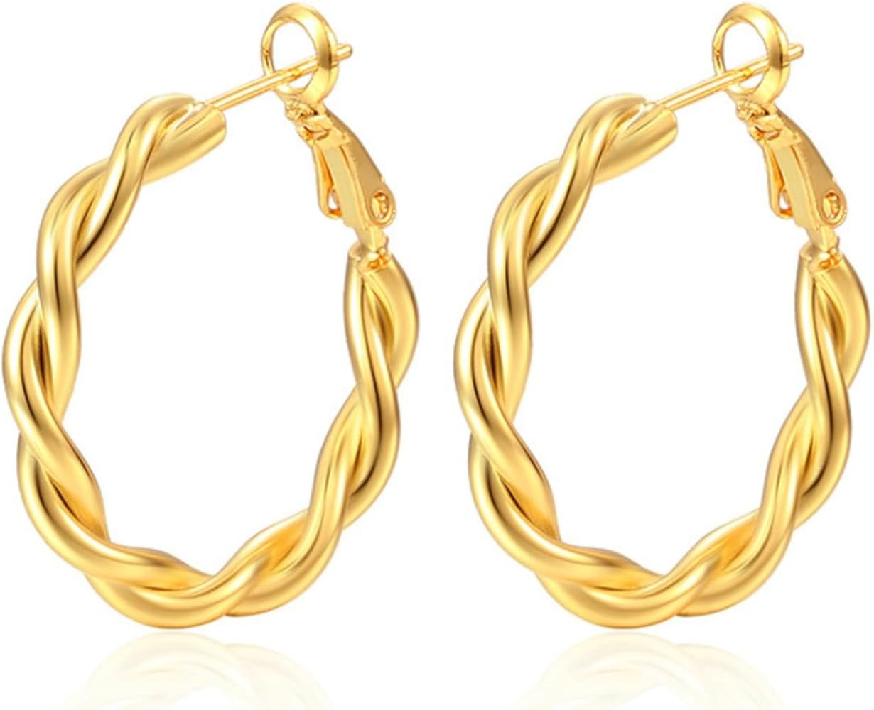 Twisted 14k Gold Hoop Earrings for Women, 30mm Twisted/Braided Gold Hoop Earrings, Hypoallergenic... | Amazon (US)