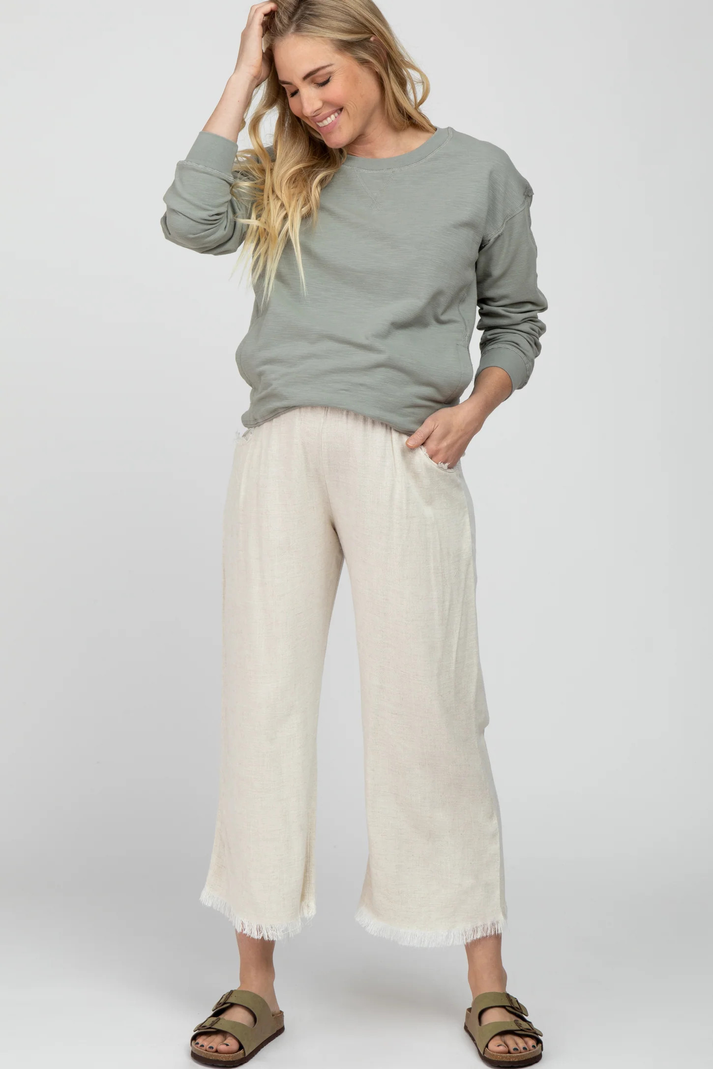 Olive Linen Frayed Hem Crop Maternity Pants | PinkBlush Maternity