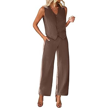 KIRUNDO Womens Two Piece Outfits Summer Fashion Button V Neck Crop Vest Blazer and Wide Leg Pants... | Amazon (US)
