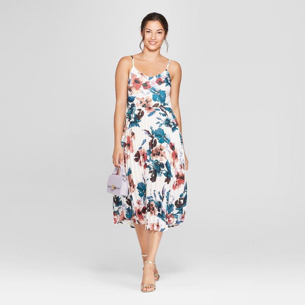 Women's Floral Print Sleeveless Pleated Slip Dress - A New Day Cream S, Beige | Target
