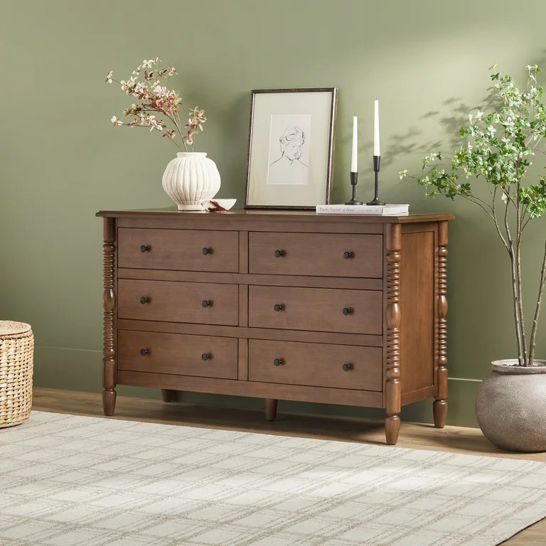 Vivienne Walker Edison Easy Assembly Solid Wood Spindle 6-Drawer Dresser - Dark Brown | Walmart (US)