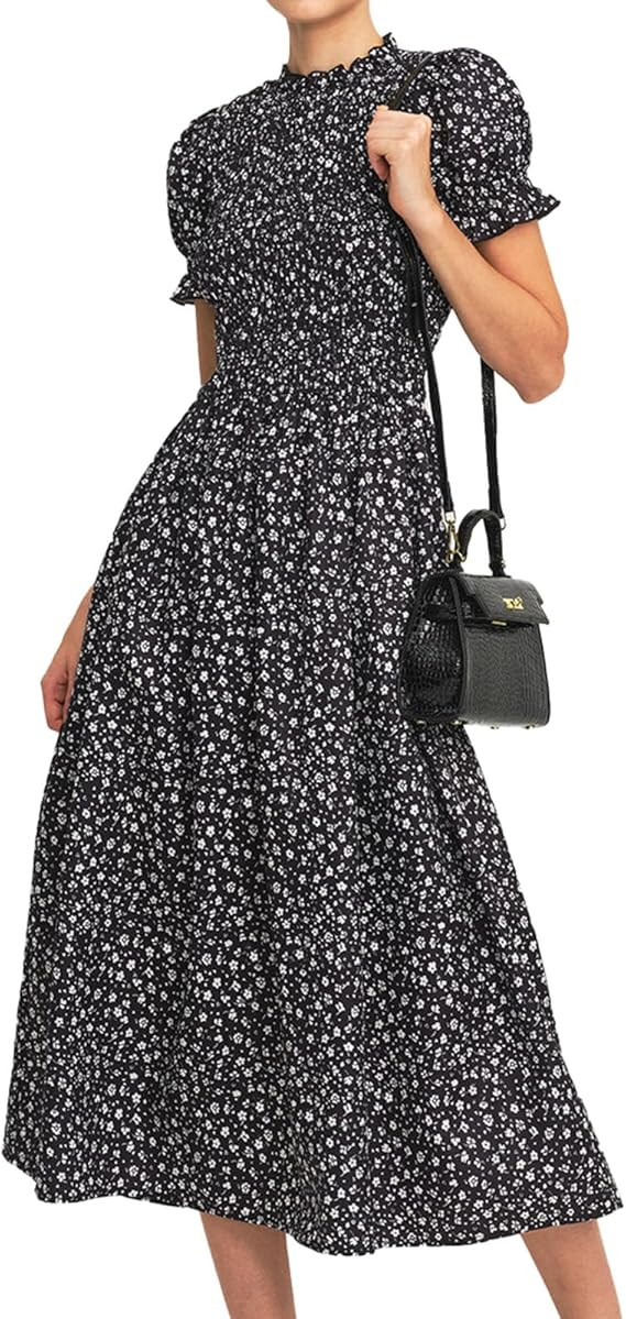 Women Shirred A-Line Midi Dress Summer Dresses Puff Short Sleeve Smocked Flowy Ruffle Boho Beach ... | Amazon (US)