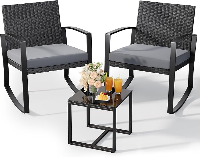 Qsun 3 Pieces Outdoor Patio Furniture Set Rocking Bistro Set Outdoor Rattan Conversation with Cof... | Amazon (US)