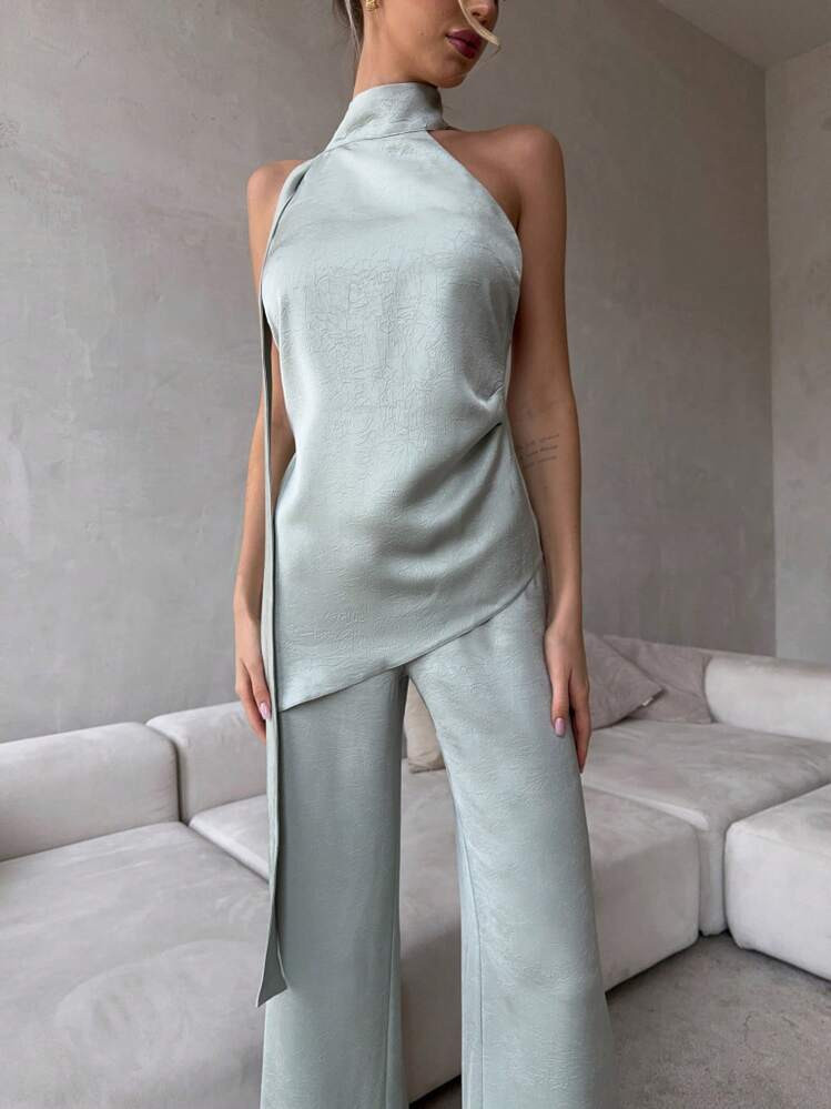 2025 Summer Women's New Halter Neck Elegant Camisole Top Set Wide Leg Long Pants Satin Two-Piece Set For Women | SHEIN