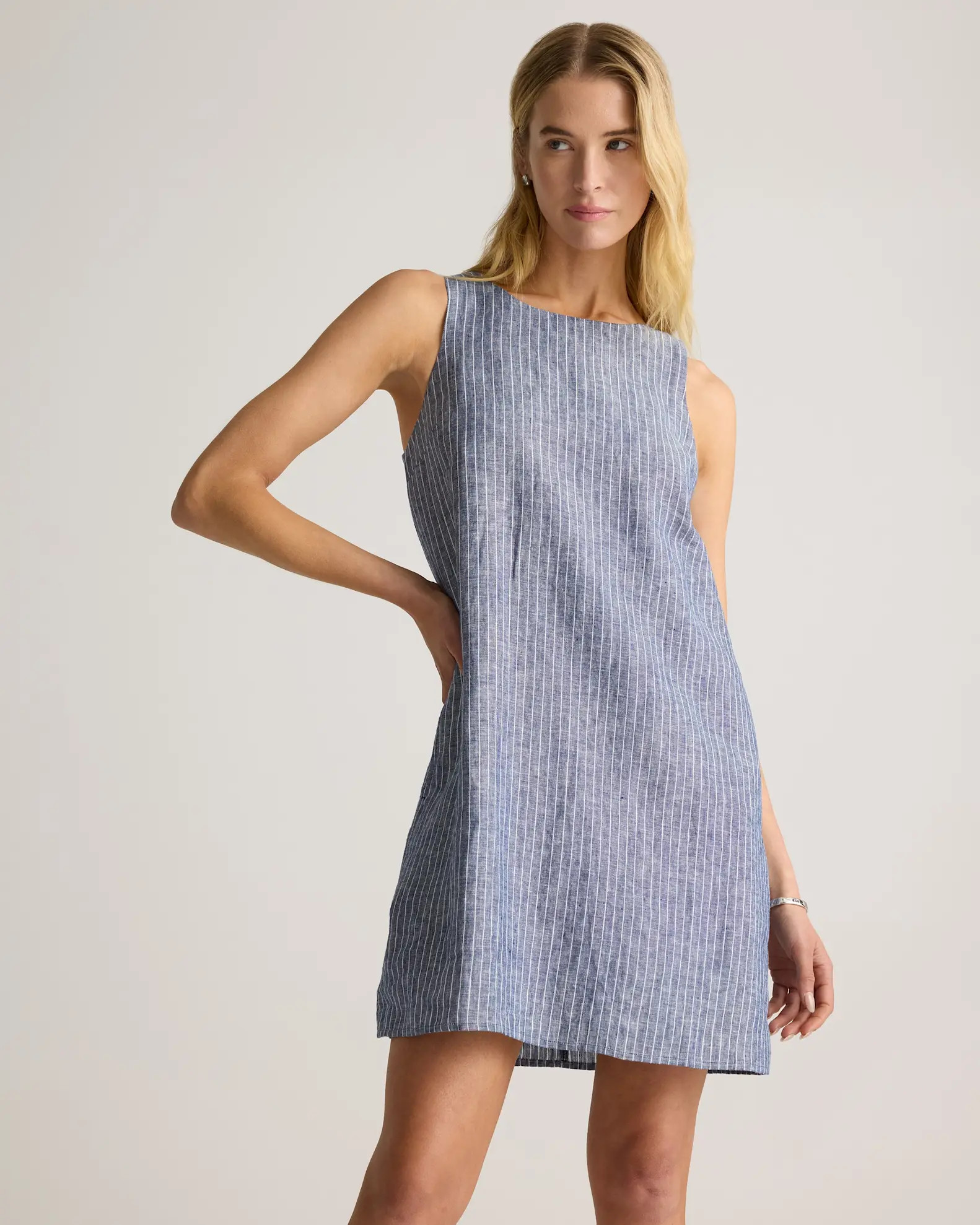 100% European Linen Tank Mini Dress in Chambray Stripe | Quince