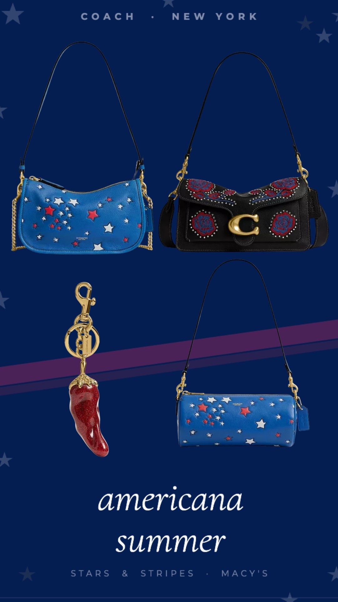 New red white and blue coach bags at Macy’s 😍

Americans black tabby
Star spangled barrel bag
Pepper bag charm
