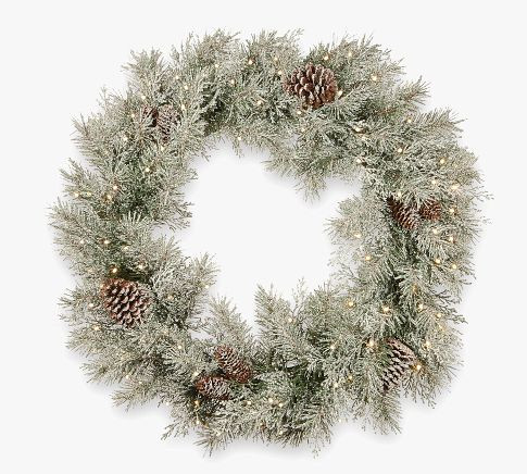 Pre-Lit LED Faux Mountain Spruce Flocked Wreath & Garland | Pottery Barn | Pottery Barn (US)