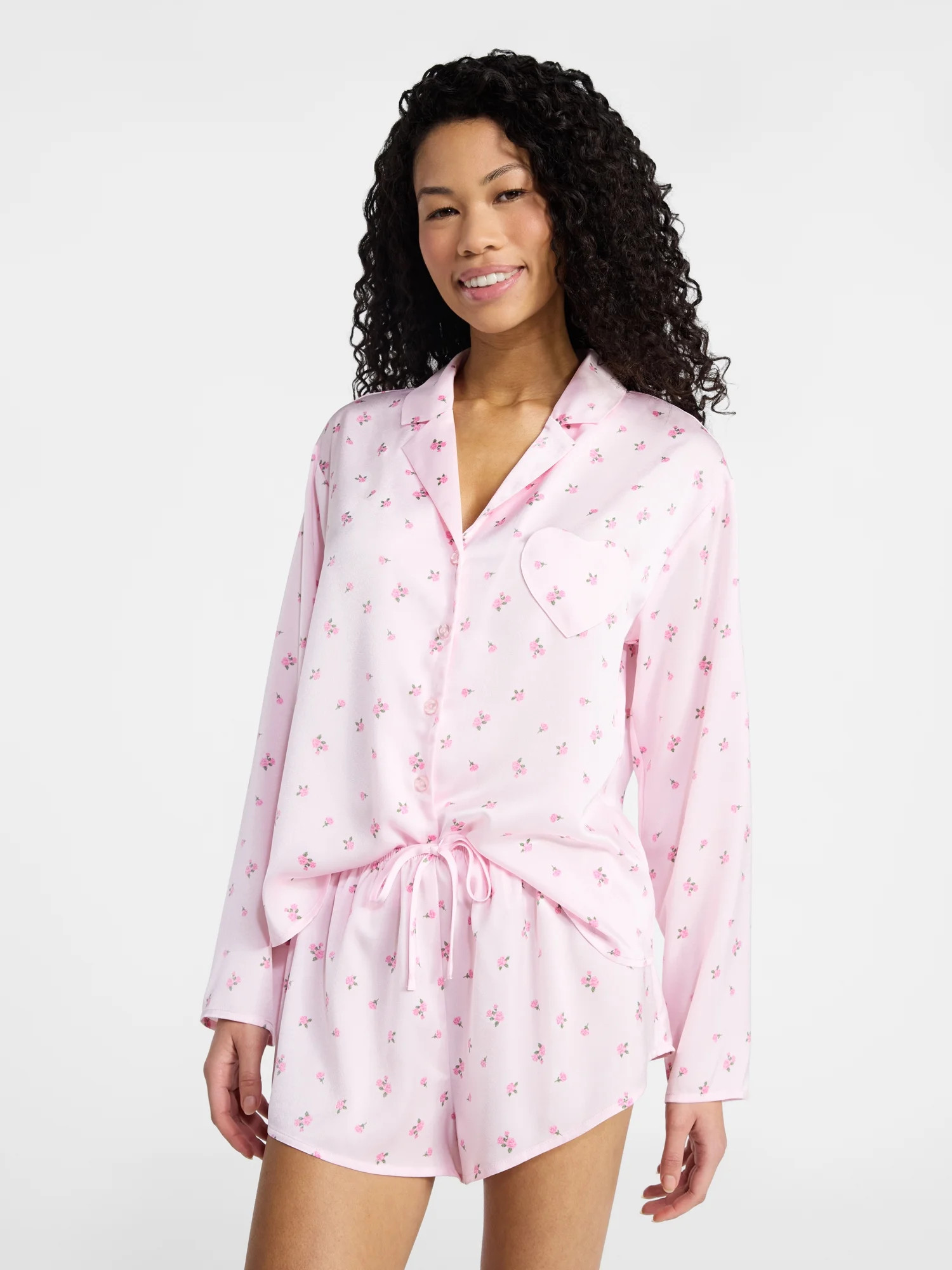 No Boundaries Sleepwear Satin Long Sleeve Button-Up Top and Shorts Set, 2-Piece, Women’s XS-XXL | Walmart (US)