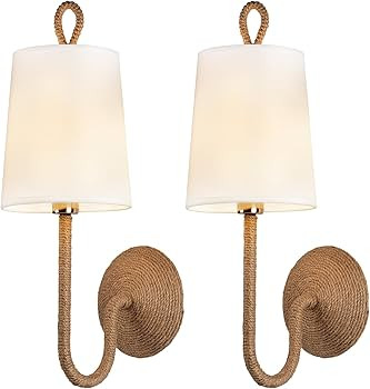 Natural Rattan Wall Sconce Set of 2: Boho Coastal Rope Woven Lamps with Linen Fabric Shades for L... | Amazon (US)